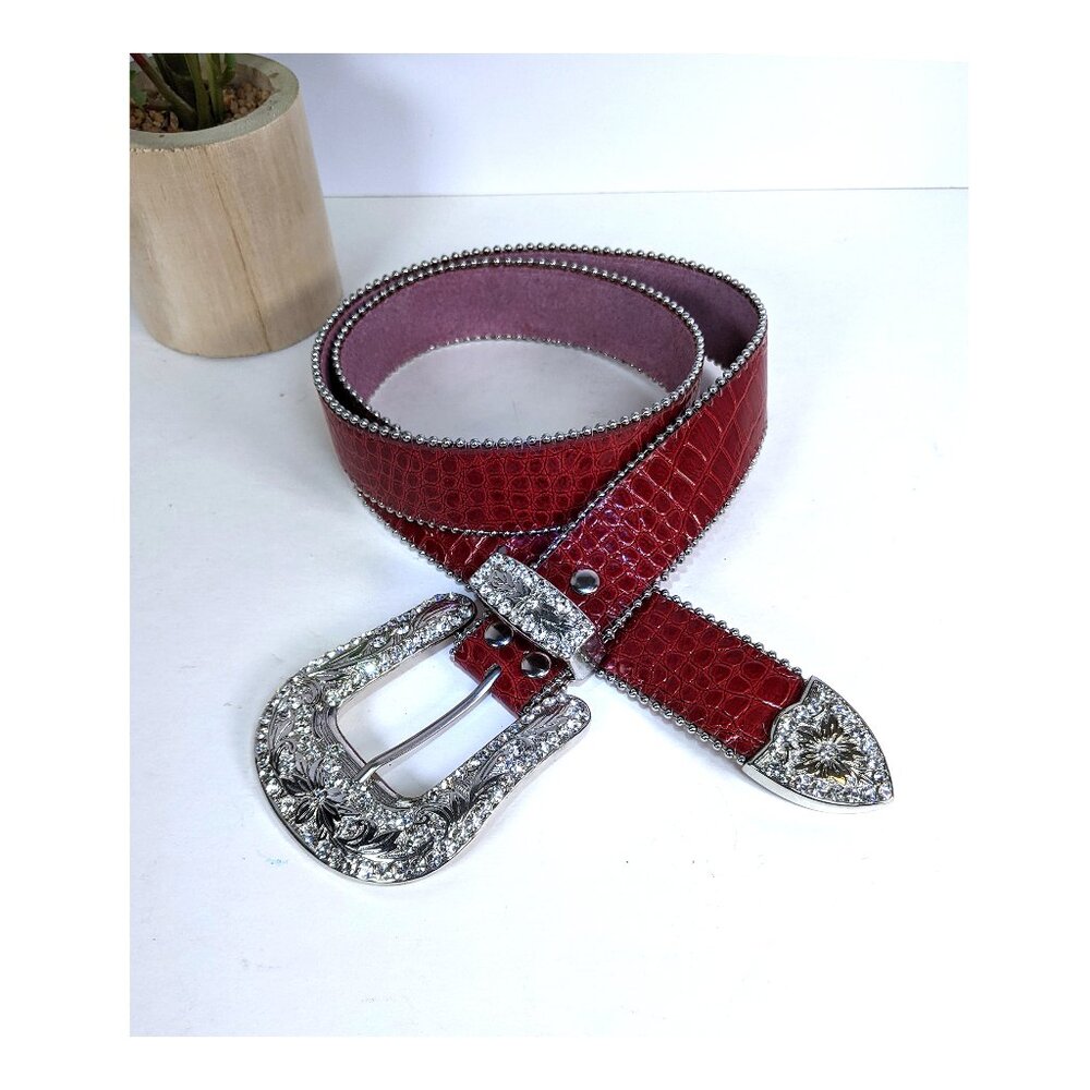 Woman's Western Belt Rhinestone Bling Silver Buckle Leather Oxblood Red Size M